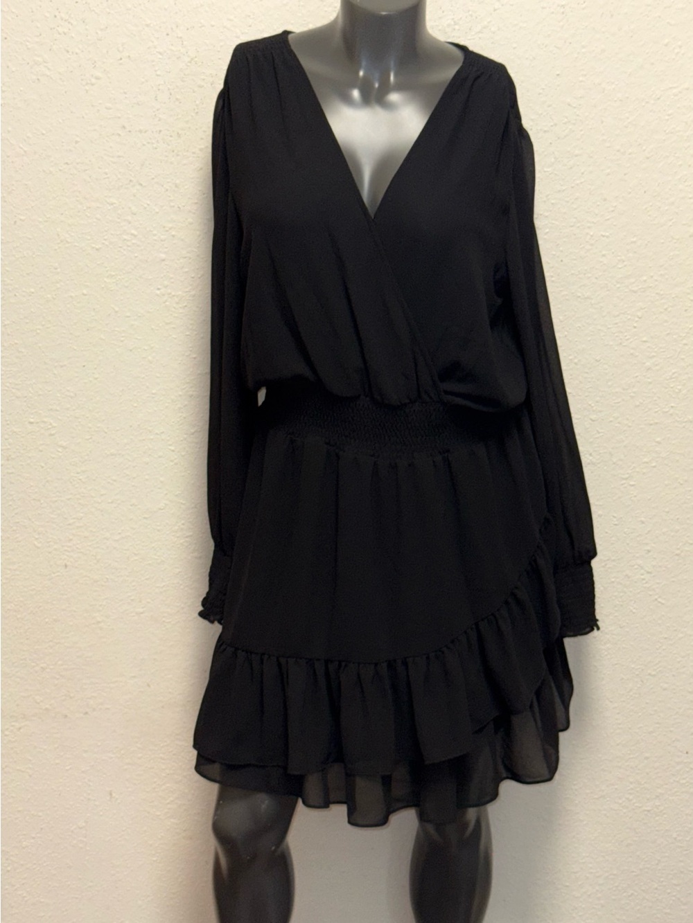 Michael Kors Black Long-Sleeve Smocked Waist Ruffled Dress